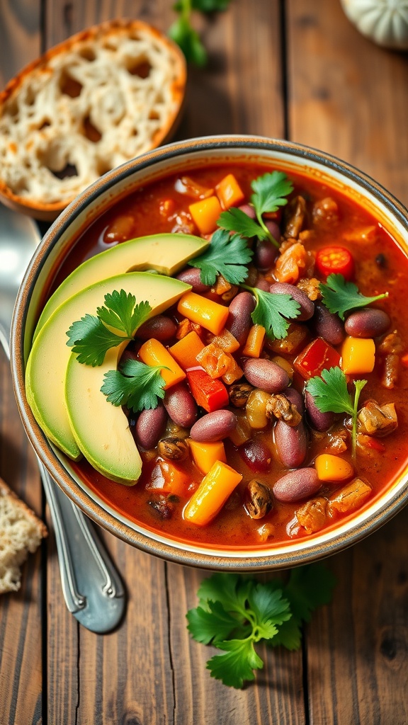 A hearty bowl of vegan chili with beans and vegetables, garnished with cilantro and avocado.
